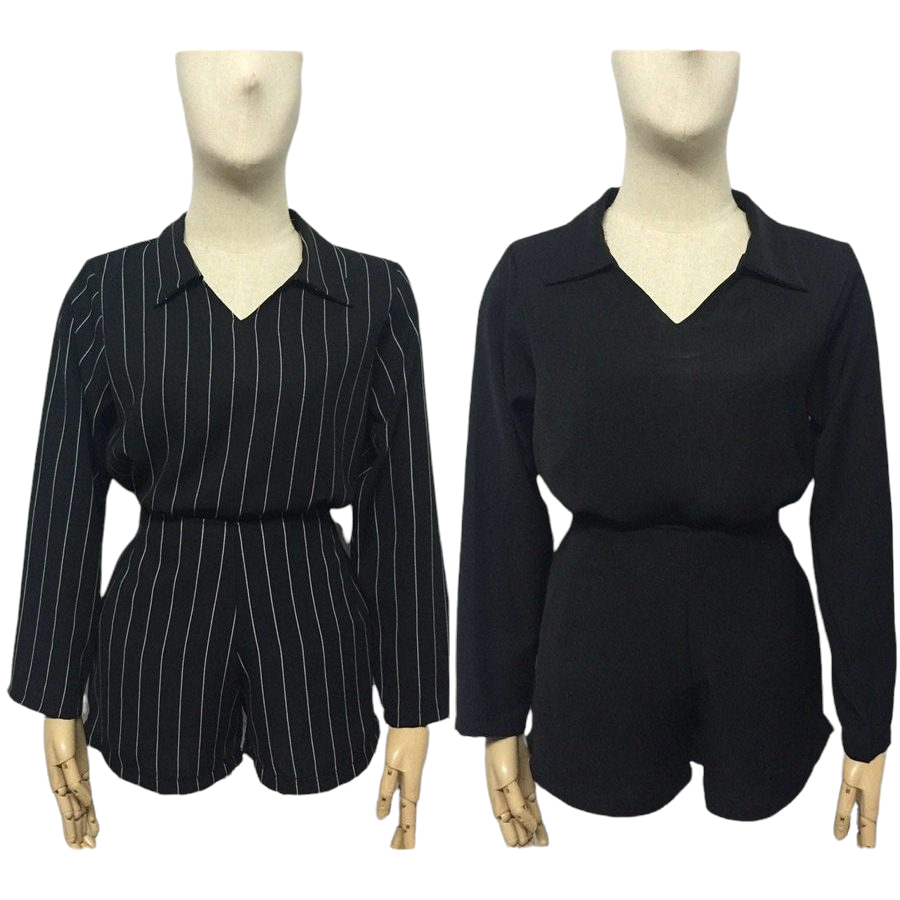 Set_bp1236 ชุดเซ็ท 2 ชิ้น(เสื้อ+กางเกง) เสื้อแขนยาวมีปกคอวี+กางเกงขาสั้นเอวยางหลัง ผ้าสลาฟเนื้อดีมีน้ำหนักทิ้งตัวผ้านุ่มใส่สบาย มี 2 แบบ สีพื้นดำ, ลายริ้วดำ
