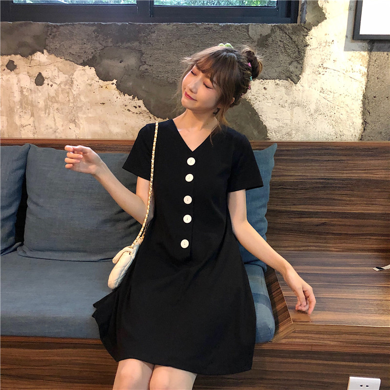 Dress4657 มินิเดรสคอวีกระดุมหน้า ผ้าคอตตอนเนื้อดีนุ่มใส่สบายยืดหยุ่นสูง งานน่ารักสไตล์มินิมอล ใส่เก๋ๆ ได้บ่อย มี 2 สี เทา, ดำ