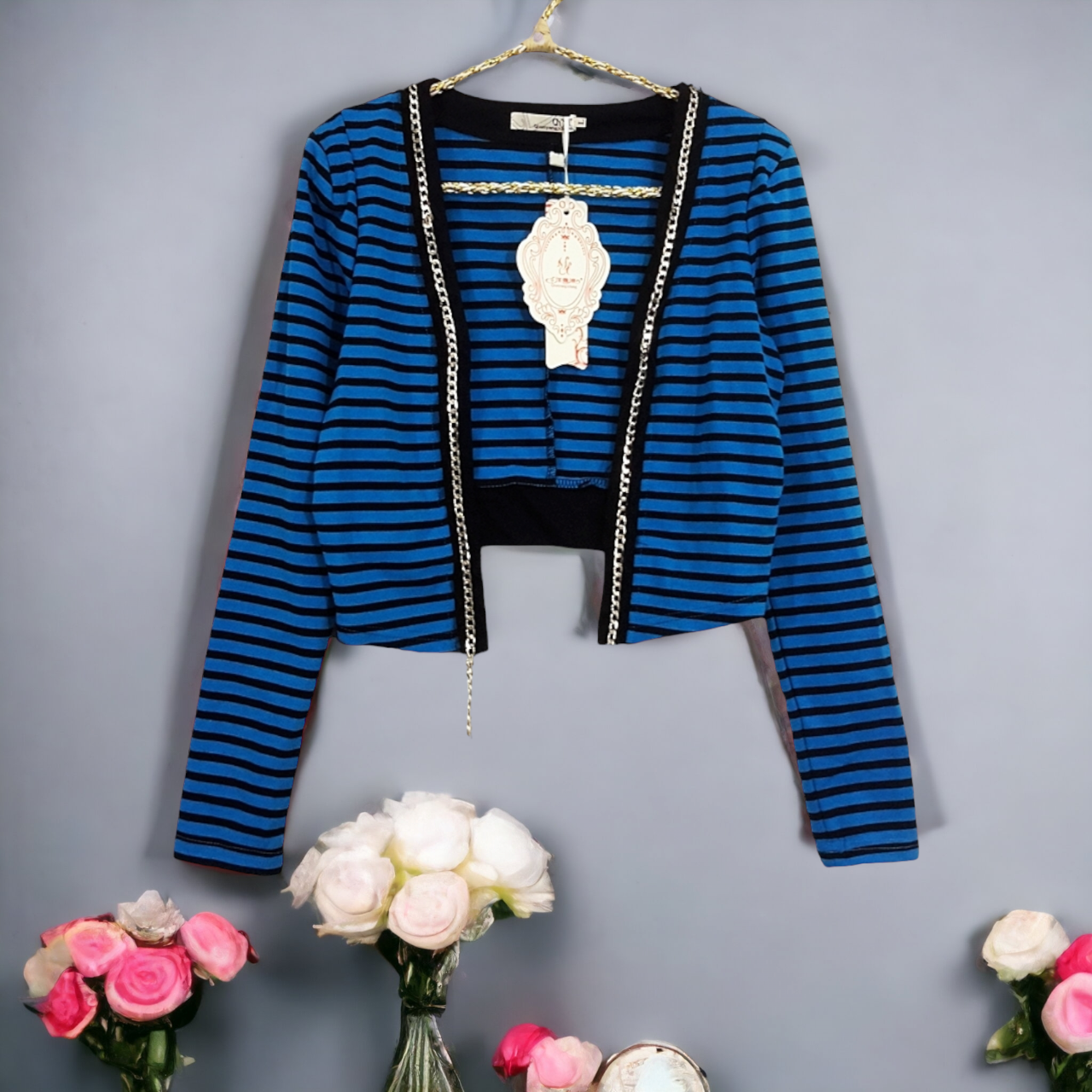 Blouse1815 เสื้อคลุมแฟชั่นแขนยาว ผ้าเนื้อดีลายริ้วโทนสีฟ้าดำ ผ้าเนื้อหนาสวยยืดได้ขยายได้เยอะ