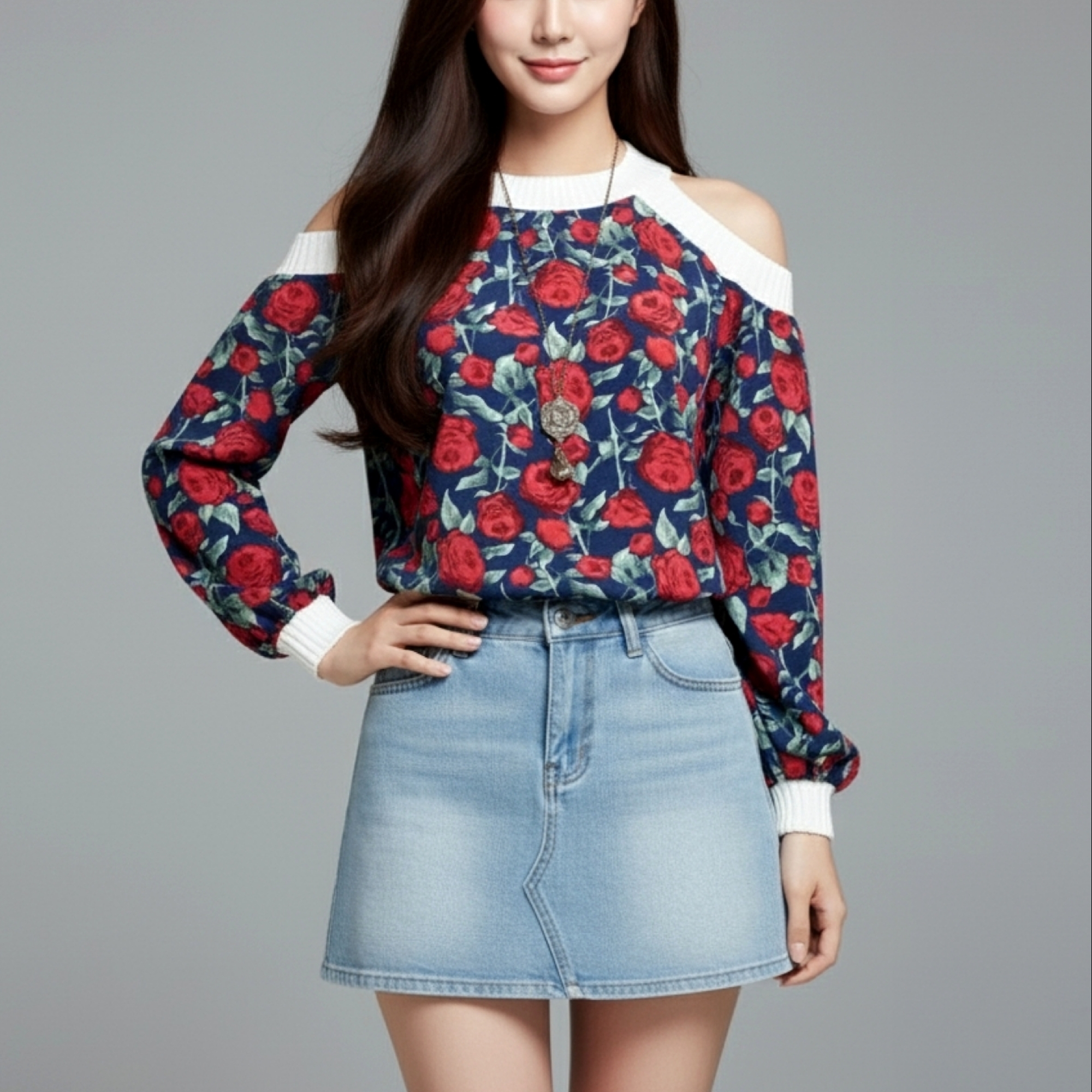Blouse4009 เสื้อแขนยาวเว้าไหล่ลายดอกไม้ แต่งไหมพรมที่คอเสื้อ ช่วงไหล่ และปลายแขน ผ้าชีฟองเนื้อหนามีน้ำหนักทิ้งตัวไม่ยับง่าย งานดีสวยหรูดูแพง ผ้าสวยเกินราคา แมทช์กับอะไรก็เข้า
