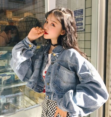เสื้อแจ็คเก็ตยีนส์ เสื้อยีนส์แขนยาว แฟชั่น jacket ยีนส์ สไตล์ สาวเกาหลี ใส่หลวม ๆ ตัวสั้น แขนพอง แบบน่ารัก s977205