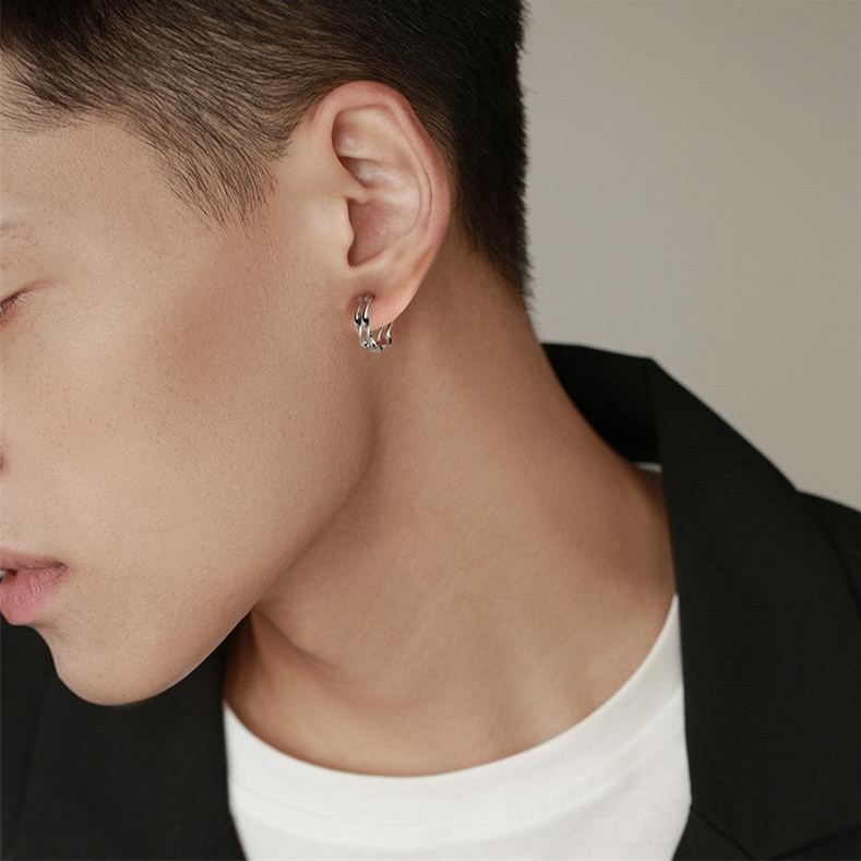 ต่างหูเงินแท้ S925 รุ่น Mirror ต่างหูห่วงเกลียวคู่ สูง12.5mm เงินแท้ทั้งชิ้น Silver925 ต่างหูผู้ชาย