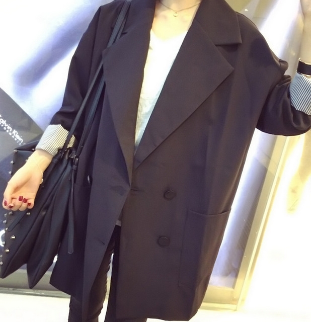สูทตัวโคล่งทรงสวย ซับในลายทาง เพิ่มความเก๋ไก๋ ผ้าโพลิเนื้อเบากันลม พร้อมส่งจ้า black