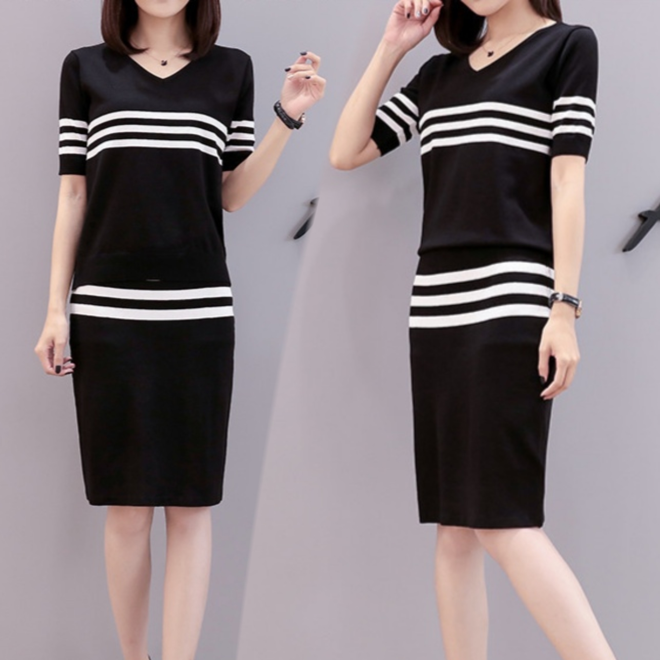 Set_bs1731 ชุดเซ็ทไหมพรม 2 ชิ้น(เสื้อ+กระโปรง) เสื้อคอวี+กระโปรงทรงเข้ารูป งานไหมพรมเนื้อนุ่มเนียนมีน้ำหนักยืดหยุ่นสูง
