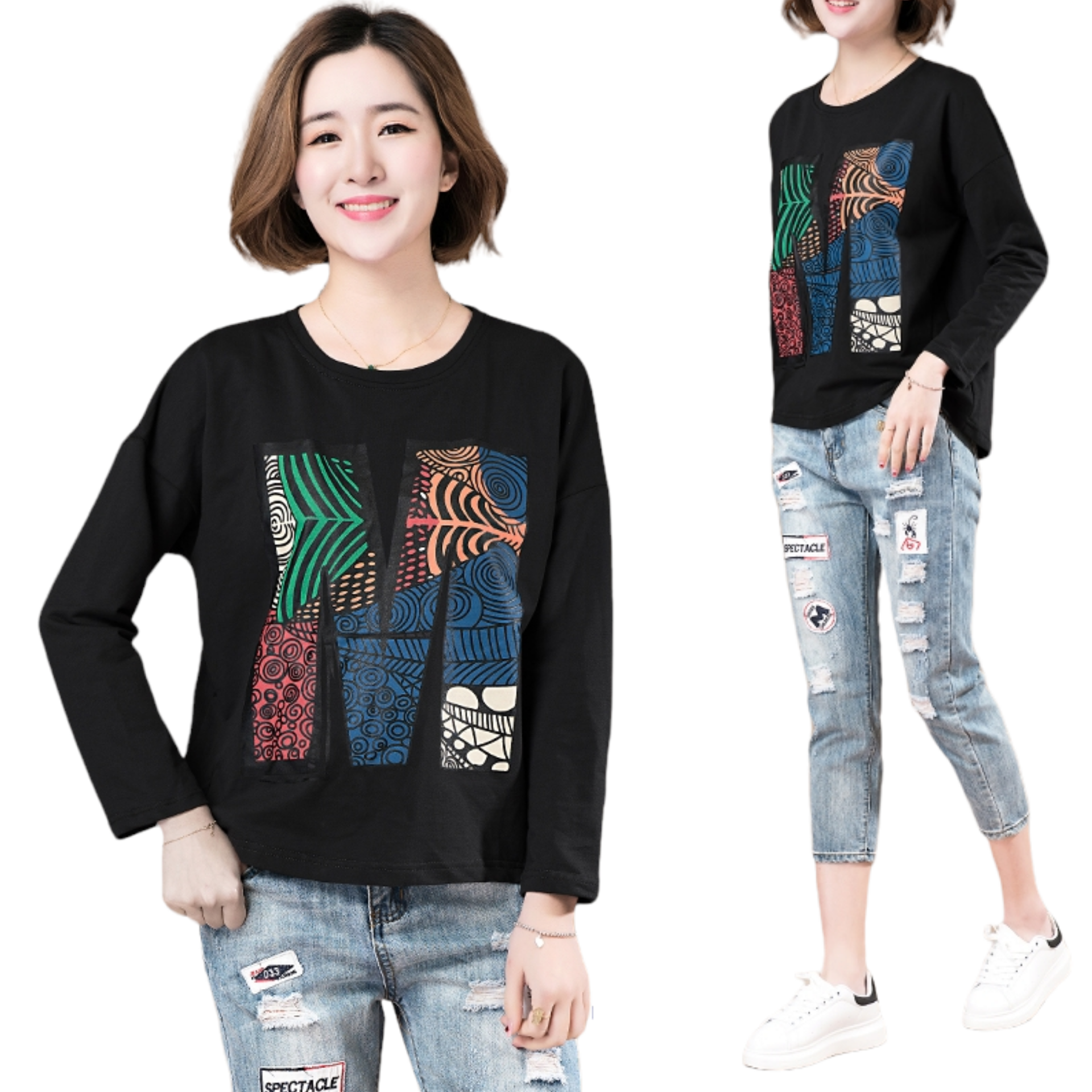 Blouse3757 เสื้อแขนยาวทรงโอเวอร์ไซส์สีพื้นดำแต่งลายกราฟฟิคงานดิจิตอลสีสวยคมชัด ผ้าคอตตอนเนื้อดีนุ่มใส่สบาย