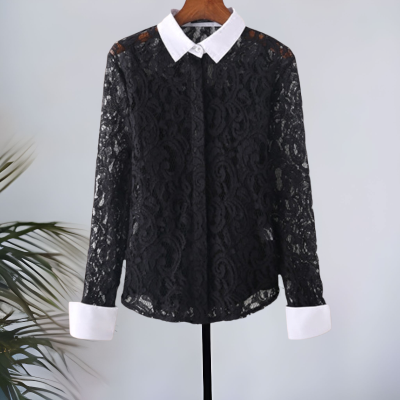 Blouse3661 เสื้อลูกไม้แขนยาวสีดำ ตัดต่อคอปกเชิ้ตสีขาว กระดุมผ่าหน้า ผ้าลูกไม้คอตตอนเนื้อดีหนาสวย งานดีทรงสวยแมทช์ง่าย แมทช์กับกระโปรงหรือกางเกงก็ดูดี