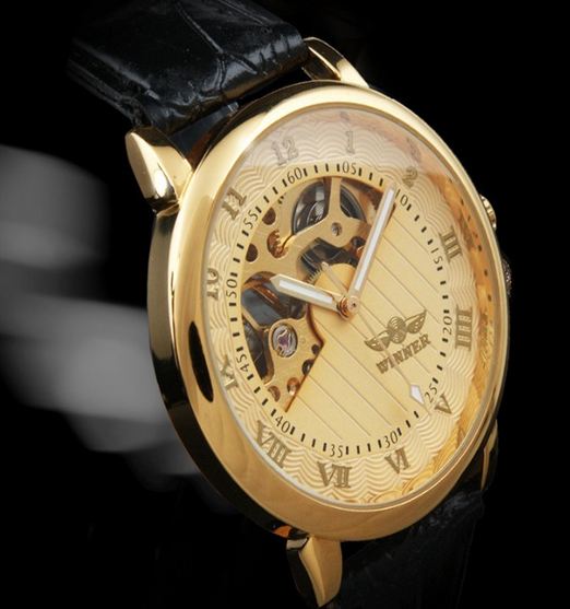 นาฬิกาข้อมือผู้ชาย แบบ โชว์กลไก ด้านใน นาฬิกาข้อมือเปลือย Mechanical watch สายหนัง หน้าปัดสีทอง ลายไม้ no 10996_1