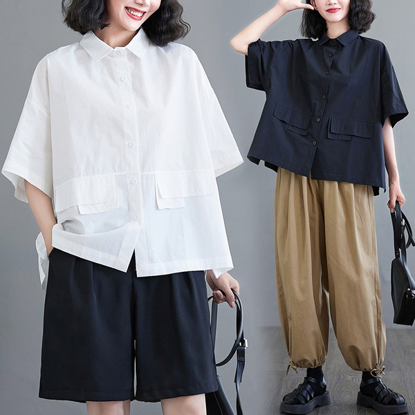 เสื้อทีเชิ้ตคนอ้วนผู้หญิงสไตล์คอตตอนลินินมีไซต์อก 47-48 นิ้ว