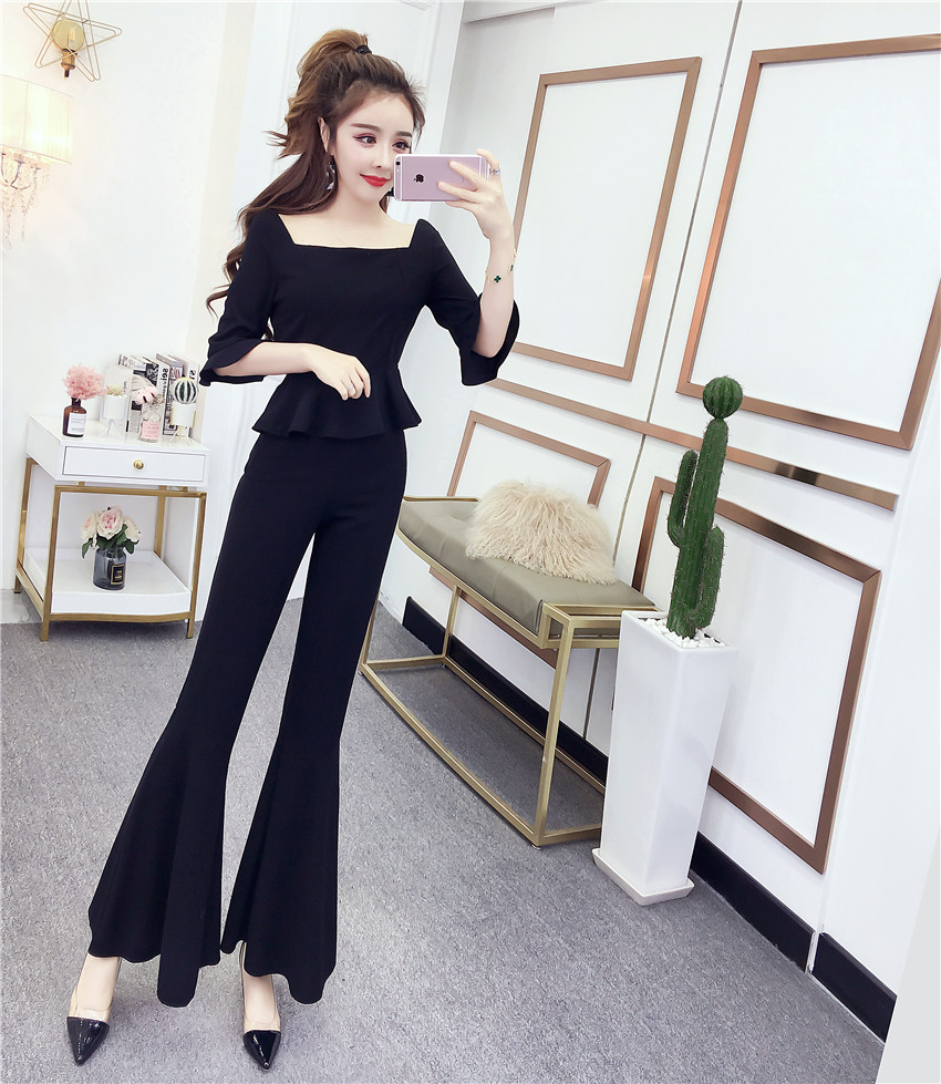 Set_bt1733 ชุดเซ็ท(เสื้อ+กางเกง) เสื้อคอเหลี่ยมชายระบายแขนสามส่วนซิปหลังใส่ง่าย กางเกงขายาวชายบาน เอวสม็อคยางยืดหลัง ผ้าโพลีเนื้อดีหนามีน้ำหนักยืดหยุ่นได้ งานดีทรงดีเรียบหรู ใส่แล้วดูสวยแพง มี 2 สี ดำ, ไวน์แดง