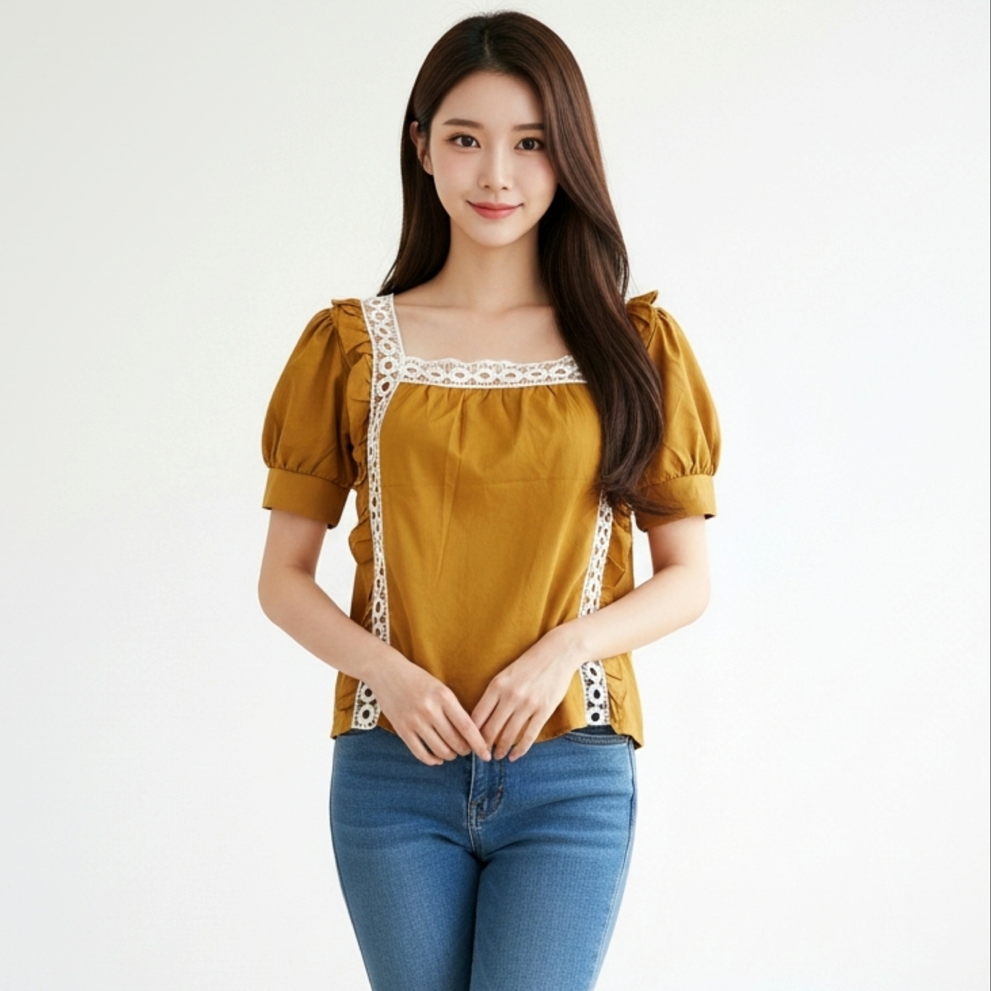 Blouse3903 เสื้อแฟชั่นน่ารักทรงคอเหลี่ยมแต่งระบายลูกไม้ แขนตุ๊กตา ผ้าคอตตอนเนื้อดีหนาสวย แมทช์กับอะไรก็สวย มี 2 สี ขาว, เหลืองมัสตาร์ด