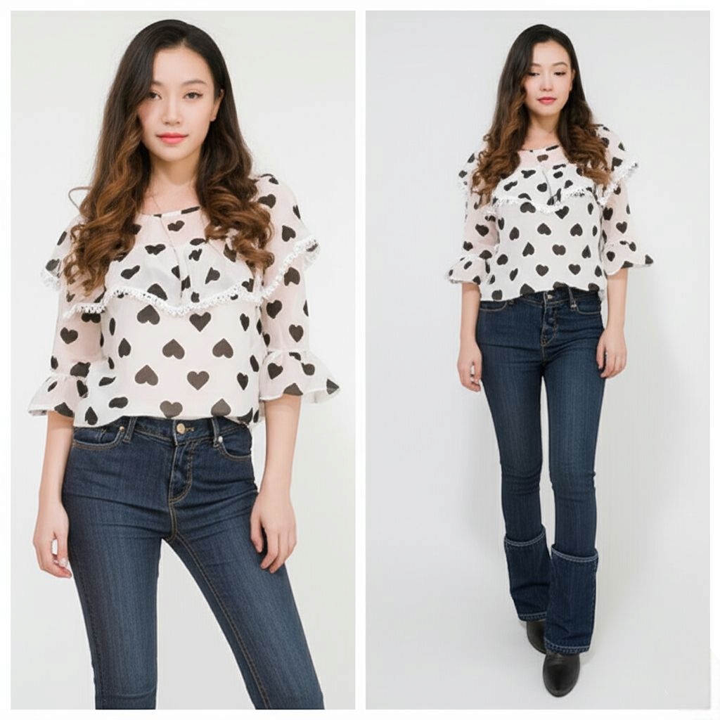 💖 Blouse4019 เสื้อชีฟองลายหัวใจ แต่งระบายที่อก เพิ่มความหวานแบบคิ้วท์ๆ แขนสามส่วนดึงยาง ใส่สบาย ไม่อึดอัด