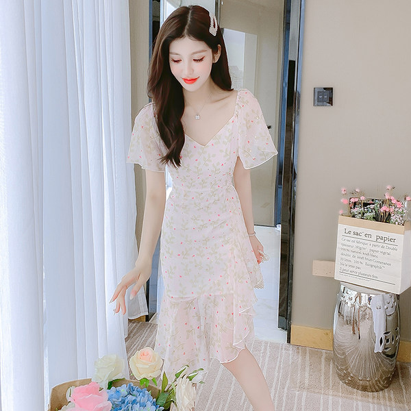 เดรสลูกไม้ เดรสชีฟองสวยๆ แขนสั้น By Meiyi women's clothing