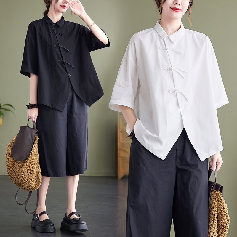 เสื้อทีเชิ้ตคนอ้วนผู้หญิงสไตล์คอตตอนลินินมีไซต์อก 47-48 นิ้ว