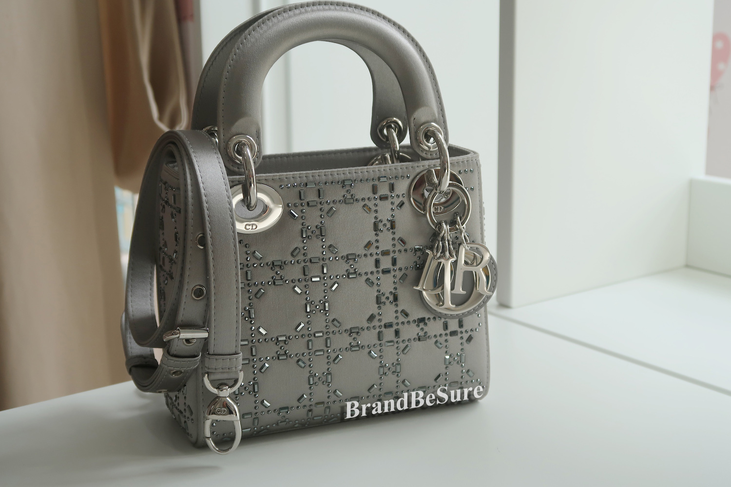 Christian Dior Grey Strass Cannage Satin Mini Lady Dior SHW