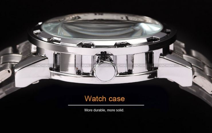 นาฬิกาข้อมือ โชว์กลไก Mechanical watch นาฬิกาข้อมือผู้ชาย สาย Stainless Steel สีดำ ยอดนิยม หน้าปัดขาว เลขโรมัน สีเงิน 268605_7