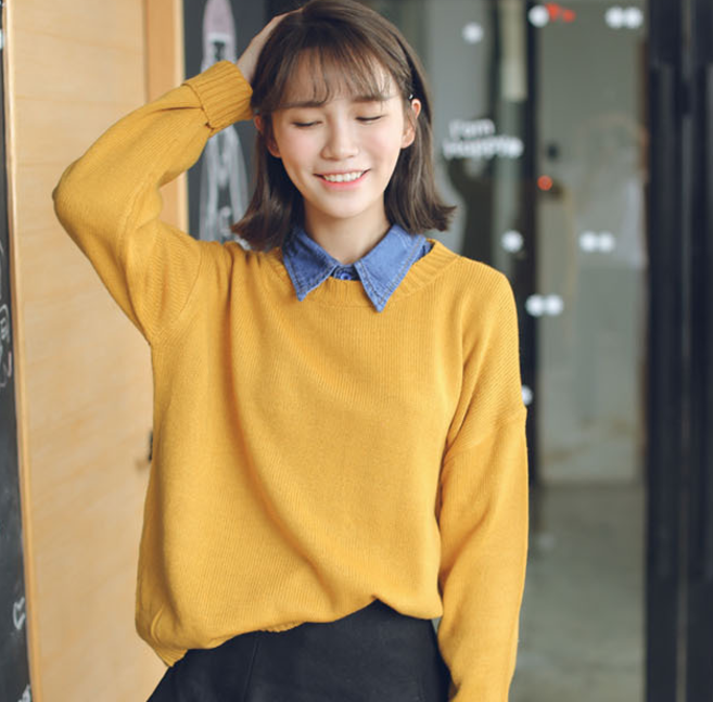 Sweater เสื้อสเวทเตอร์แขนยาว สีเหลือง ทรงสวย จะใส่เดี่ยวไหรือใส่โค้ทคลุมก็เริ่ด