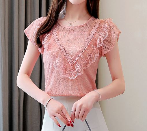 เสื้อผ้าลูกไม้ วัยรุ่น แขนสั้น แบบมีระบาย ที่แขน เสื้อลูกไม้ วัยรุ่น สีชมพู ฟ้า ขาว ใส่ออกงาน บุญ งาน แต่งงาน แบบไทย ๆ 468230