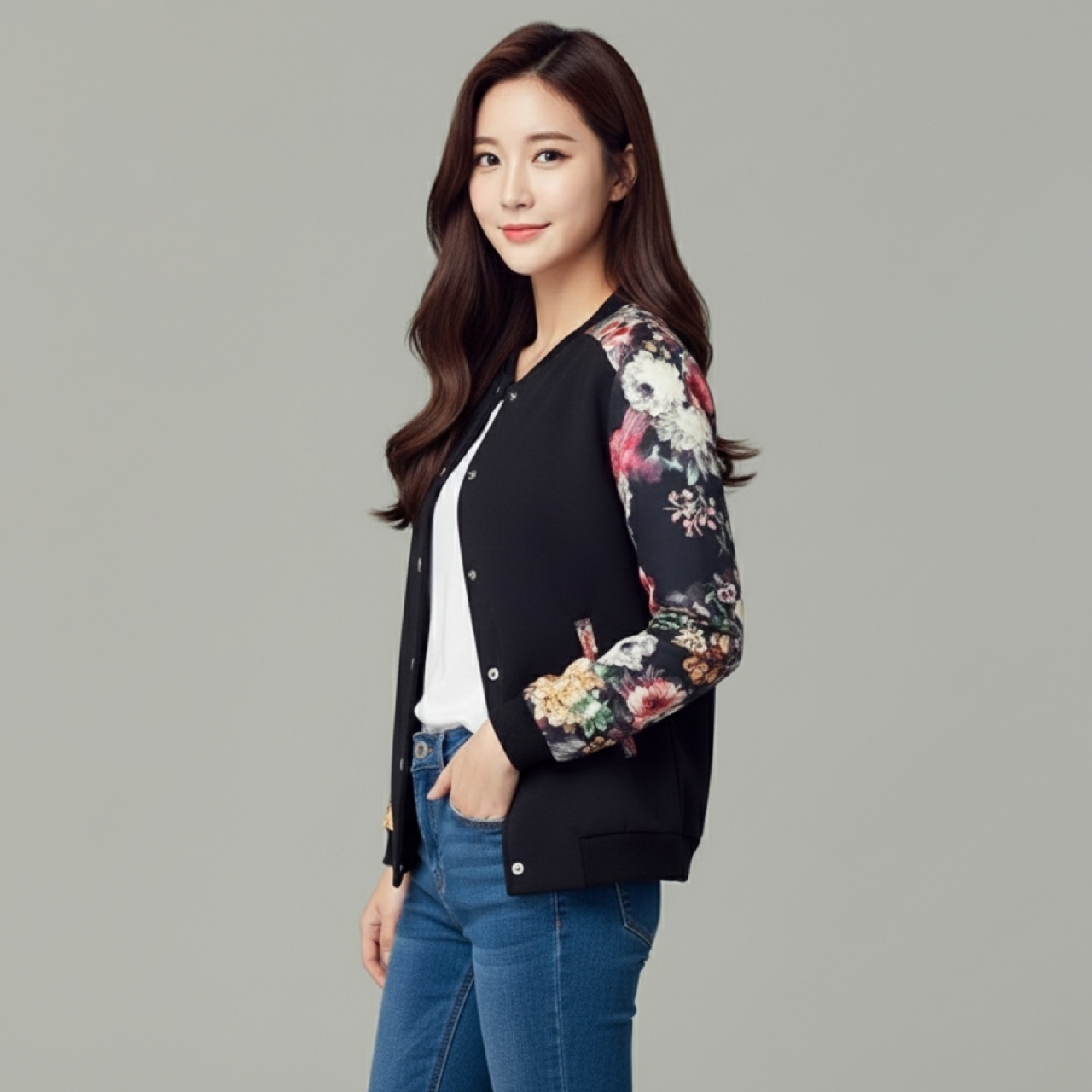 🌼🖤 Blouse3630 เสื้อคลุมแจ็กเก็ตสีดำแขนยาวลายดอกไม้สไตล์เกาหลี ลุคเท่และนุ่มนวลในเวลาเดียวกัน