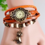นาฬิกาข้อมือ ผู้หญิง สายหนังถัก สไตล์สร้อยข้อมือ วินเทจ สีส้มสด ห้อย นกฮูก