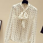 เสื้อเชิ้ต ผู้หญิง แขนยาว เสื้อใส่ทำงาน ผ้าซีฟอง ลายจุด สไตล์ ผูกโบว์ ด้านหน้า เก๋ ๆ เสื้อสวยใส่ทำงาน 564868