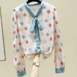 เสื้อเชิ้ต ผ้าซีฟอง แขนยาว ใส่ทำงาน ลายจุด เสื้อเชิ้ต แบบผูกโบว์ ที่คอ น่ารัก ๆ 725734