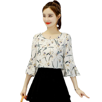 **สินค้าหมด Blouse3795-Size-XXL เสื้อแฟชั่นผ้าชีฟองลายดอกไม้สีครีม แขนยาวสี่ส่วนระบาย ผ้าชีฟองทึบแสงเนื้อดีนุ่มใส่สบาย