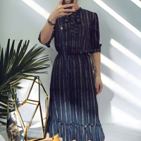 Dress4557-Size-S-สีกรมท่า / เดรสยาวคลุมเข่าผูกโบว์คอชายระบาย เอวสม็อคยางยืด แขนยาวกระดุมข้อมือ กระดุมผ่าหน้าครึ่งตัว ผ้าชีฟองเกรดพรีเมียมเนื้อดีมีน้ำหนักทิ้งตัวสวย