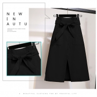 **สินค้าหมด Skirt354-Size-XL กระโปรงป้ายสีพื้นดำเอวสม็อคมีผ้าผูกเอวผ้าคอตตอนยีนส์เนื้อดีหนาสวย