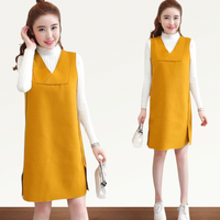 Set_bs1732-Size-XL ชุด 2 ชิ้น(เสื้อ+เดรส) เดรสคอวีทรงปล่อยสีเหลืองผ้าคอตตอนกำมะหยี่เนื้อดีนุ่มใส่สบาย+เสื้อแขนยาวคอเต่าผ้าร่องไหมพรมเนื้อนุ่มยืดหยุ่นสูง
