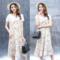 Set_bs1580-Size-XL ชุด 2 ชิ้น(เสื้อ+เดรส) เสื้อยืดแขนสั้นสีขาวผ้าคอตตอนเนื้อนุ่ม+ชุดเดรสลายดอกน้ำตาลพื้นสีครีม