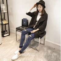 Blouse3810-สีดำ / เสื้อสูทคลุมตัวยาวสีพื้น แขนยาวสี่ส่วน มีกระเป๋าข้าง ผ้าสูทเนื้อดีมีน้ำหนักทิ้งตัว