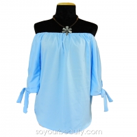 เสื้อแฟชั่น เสื้อเกาะอกโชว์ไหล่ สีฟ้า