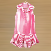Dress3421-สีขาวชมพู ชุดเดรสน่ารักคอปกเชิ้ตชายระบาย ผ้าไหมอิตาลีเนื้อนิ่มลายริ้วใหญ่ งานน่ารักผ้าเนื้อดีใส่สบาย