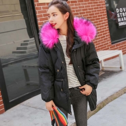 เสื้อกันหนาวฮู้ดดี้ แต่งเฟอร์หนาฟู งานเกรดดีเหมือนแบบ บุนวมหนา อุ่นมาก หิมะก็เอาอยู่ (ถอดขนถอดฮู้ดได้) ดำฮู้ดชมพู