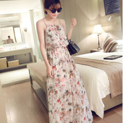 Maxi Dress เดรสยาว ทรงสายเดี่ยว เนื้อผ้าชีฟองลายดอก สีครีม เก๋ๆ พร้อมส่งน๊า