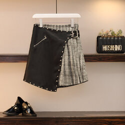 Skirt392 กระโปรงป้ายลายสก็อตแต่งหัวเข็มขัดผ้าหนัง PU เก๋ๆ ดูมีดีเทล เอวสม็อคยางยืดด้านหลัง ผ้าคอตตอนทอเนื้อดีหนานุ่ม งานน่ารักแมทช์กับเสื้อทรงไหนก็สวย