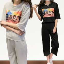 Set_bt1777 ชุดเซ็ท 2 ชิ้น(เสื้อ+กางเกง) เสื้อแขนยาวสี่ส่วนสกรีนลาย+กางเกงขายาวห้าส่วนเอวยืดกระเป๋าข้าง ผ้าคอตตอนเนื้อดีหนานุ่มยืดหยุ่นสูง งาน Set 2 ชิ้นเข้าชุด แบบน่ารักใส่เก๋ๆ ได้บ่อย