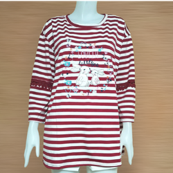 Blouse3887 เสื้อแฟชั่นไซส์ใหญ่ลายริ้ว แขนสามส่วนแต่งลูกไม้ อกปักลายน่ารัก ผ้าคอตตอนซอฟท์เนื้อดีนุ่มใส่สบาย