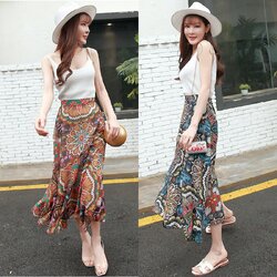 Skirt399 กระโปรงยาวลายดอกไม้กราฟฟิคมีซับในเอวยางยืดซิปข้างผ้าชีฟองเนื้อดีนุ่มมีน้ำหนักใส่สบาย งานสวยแมทช์ง่าย ใส่กับเสื้อทรงไหนก็ดูดี มี 2 โทนสี ฟ้า, น้ำตาล