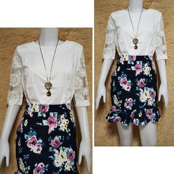 Set_bs1764 ชุดเซ็ท 2 ชิ้น(เสื้อ+กระโปรง)แยกชิ้น เสื้อชีฟองสีพื้นขาวครีมแขนผ้าแก้วลูกไม้+กระโปรงทรงเข้ารูปผ้าคอตตอนเนื้อดีลายดอกไม้ชายระบายซิปหลัง งานสองชิ้นสวยคุ้ม ทรงสวยเรียบหรู ผ้าดีเกินราคาดูสวยแพง ใส่เที่ยว/ใส่ทำงานได้