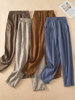 กางเกงผ้าลินิน กางเกงขายาว กางเกงผ้าลินินญี่ปุ่น กางเกงผ้าลินิน เอว ยางยืด By LZcotton and linen