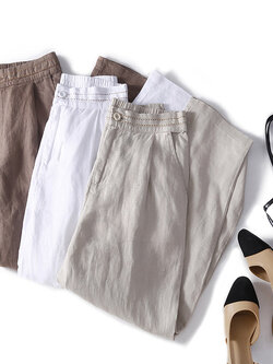 กางเกงผ้าลินิน กางเกงขายาว กางเกงผ้าลินินญี่ปุ่น กางเกงผ้าลินิน เอว ยางยืด By LZcotton and linen