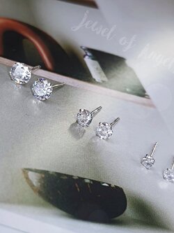 ต่างหูเงินแท้ทั้งชิ้น S925 รุ่น Sparkle ต่างหูก้านเสียบ เพชรCZกลม สีเงิน 3mm 4mm 5mm Silver925