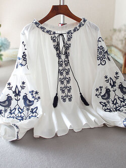 เสื้อลินิน เสื้อผ้าฝ้ายลินิน เสื้อเชิ้ตผ้าลินิน ปักลายสวยๆด้วยด้าย สไตล์VINTAGE