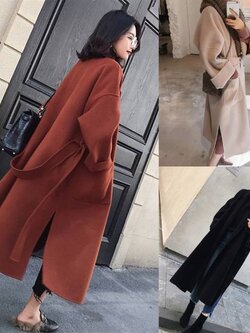 เสื้อโค้ทยาว สไตล์เกาหลี ผ้าวูลผสม แต่งสายผูกเอว ใส่ได้หลายสไตล์ มี 3 สี พร้อมส่ง