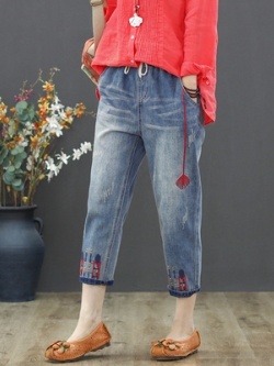 กางเกงยีนส์วินเทจหญิง กางเกงยีนส์ลายวินเทจ