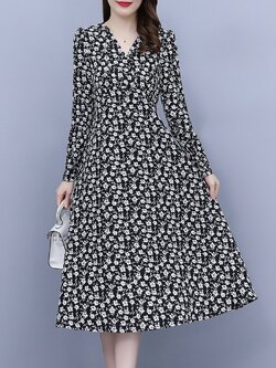 ชุดเดรสคนอ้วนแขนยาว ชุดเดรสคนอ้วนสไตล์เกาหลี เดรสแขนยาว