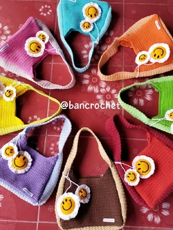 Bancrochet กระเป๋าถักโครเชต์ crochet bag หลากสี 8*5.5 สาย 7 inch