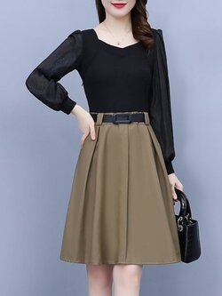 ชุดเดรสคนอ้วนแขนยาว ชุดเดรสคนอ้วนสไตล์เกาหลี เดรสแขนยาว