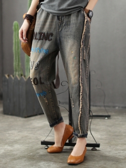 กางเกงยีนส์วินเทจหญิง กางเกงยีนส์ลายวินเทจ